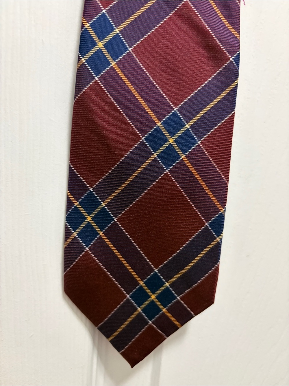 Silk Tommy Hilfiger Maroon Plaid Tie with Navy & Gold Lines